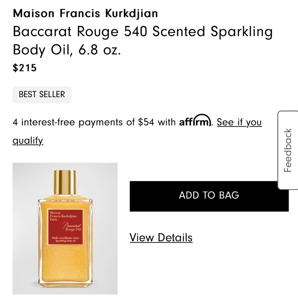 Baccarat Rouge 540 Scented Sparkling Body Oil, 6.8 oz.